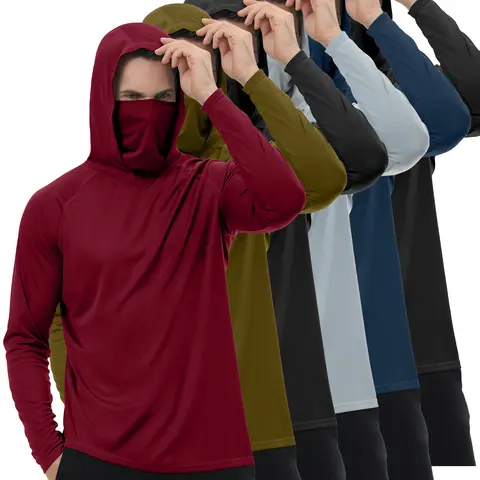 HOVSIYLA 6 Pack Mens Sun Protection Fishing Hoodie with Face Mask Long Sleeve Compression Work Shirt Construction Quick Dry,outdoorfun