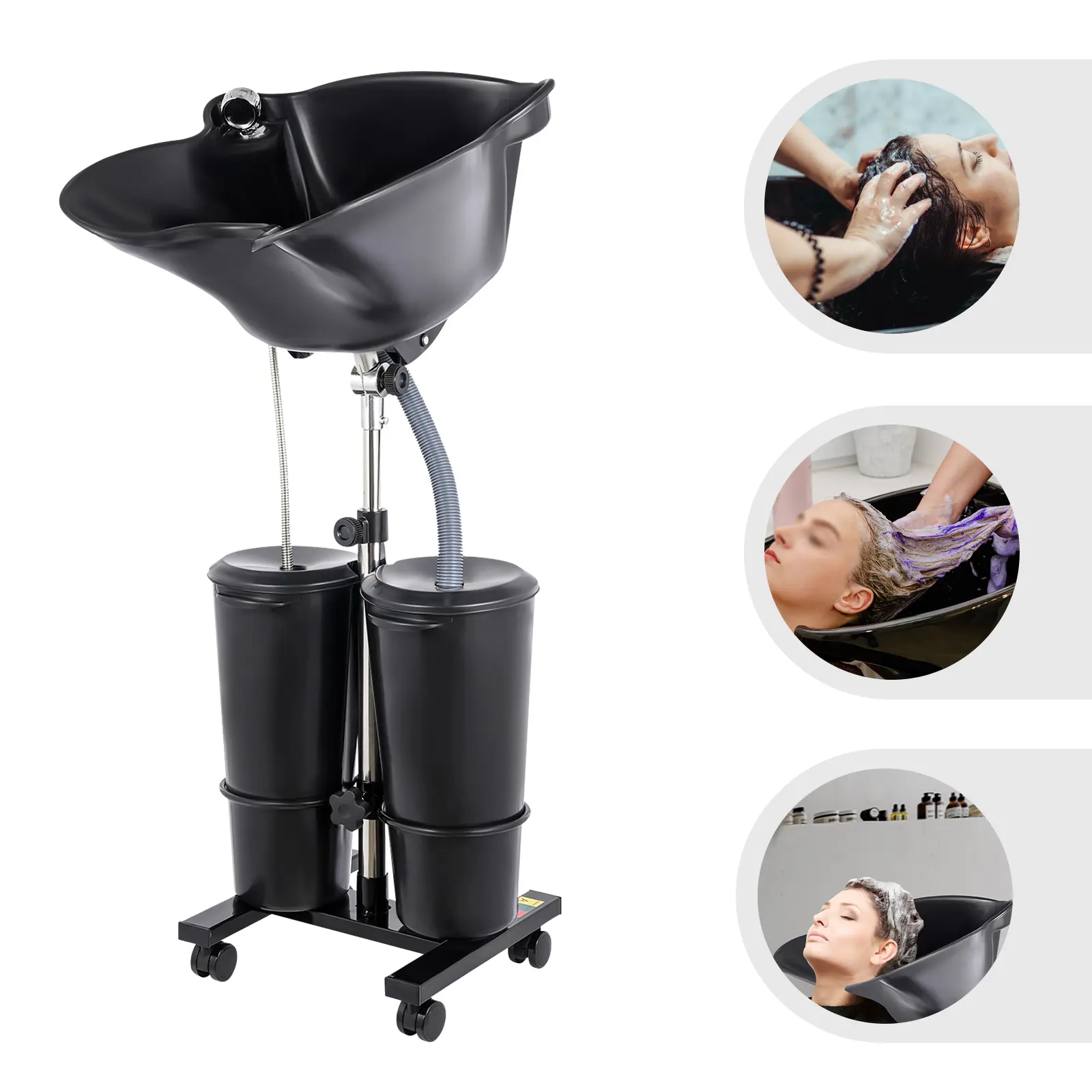 Barber Salon Chair Portable Plastic & Metal Shampoo Basin Station, 19x14.8" Wheeled Unit with 2 Water Buckets, 3.44-4.59ft Adjustable Height for Elderly Home Care & Salon Use, Shampoo Chair