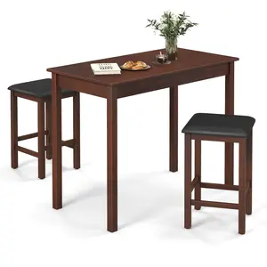 COSTWAY - Counter-Height Dining Table and 2 Upholstered Bar Stools-Brown