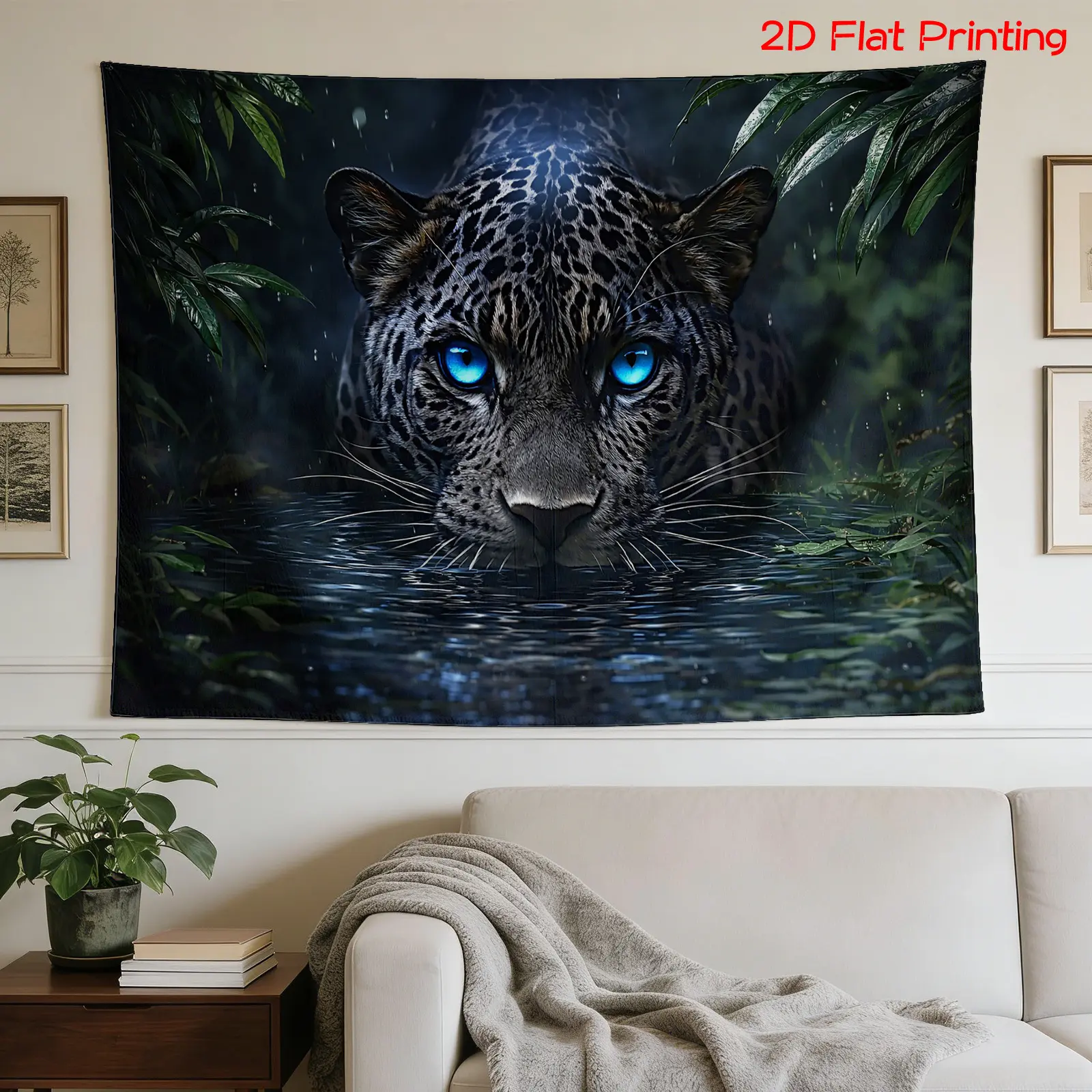 Oversized High-Definition Digital-Printed Polyester Tapestry - Blue-Eyed Jaguar From Water, Lush Foliage, Mystical Ambiance - Room Decor, Room Art, Art Print Tapestries (Backdrop Fabric, Photography Props), Digital Print