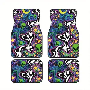 4pcs Cyber Alien Car Floor Mats, Crystal Velvet Fabric, Non-Slip, Absorbent, Washable, All-Season Protection, Fashion Blue and Design