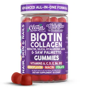 Clean Nutra Biotin, Collagen, Keratin, Silica, Hyaluronic Acid, Saw Palmetto & B Vitamins for Hair, Skin & Nail Health Gummies – Halo Glow