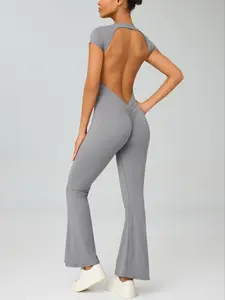 Women's Workout Bodysuit - Breathable Street Style Unitard with Flared Sleeves & Full Backless Design All Season Activewear Workout Jumpsuit