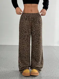 Women's Leopard Print Wide Leg Pants, Elastic Drawstring Waist, Side Pocket Design, Casual Loose Fit Woven Fabric for All Seasons Everyday