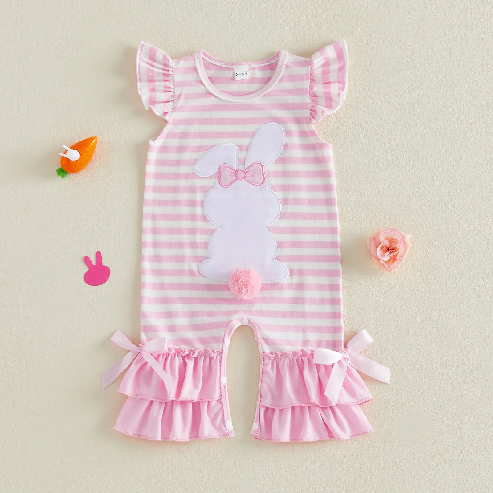 Infant Baby Girl Easter Romper Flying Sleeve Bunny Embroidery Striped Jumpsuit Spring Summer 0-18 Months