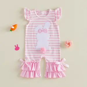 Infant Baby Girl Easter Romper Flying Sleeve Bunny Embroidery Striped Jumpsuit Spring Summer 0-18 Months