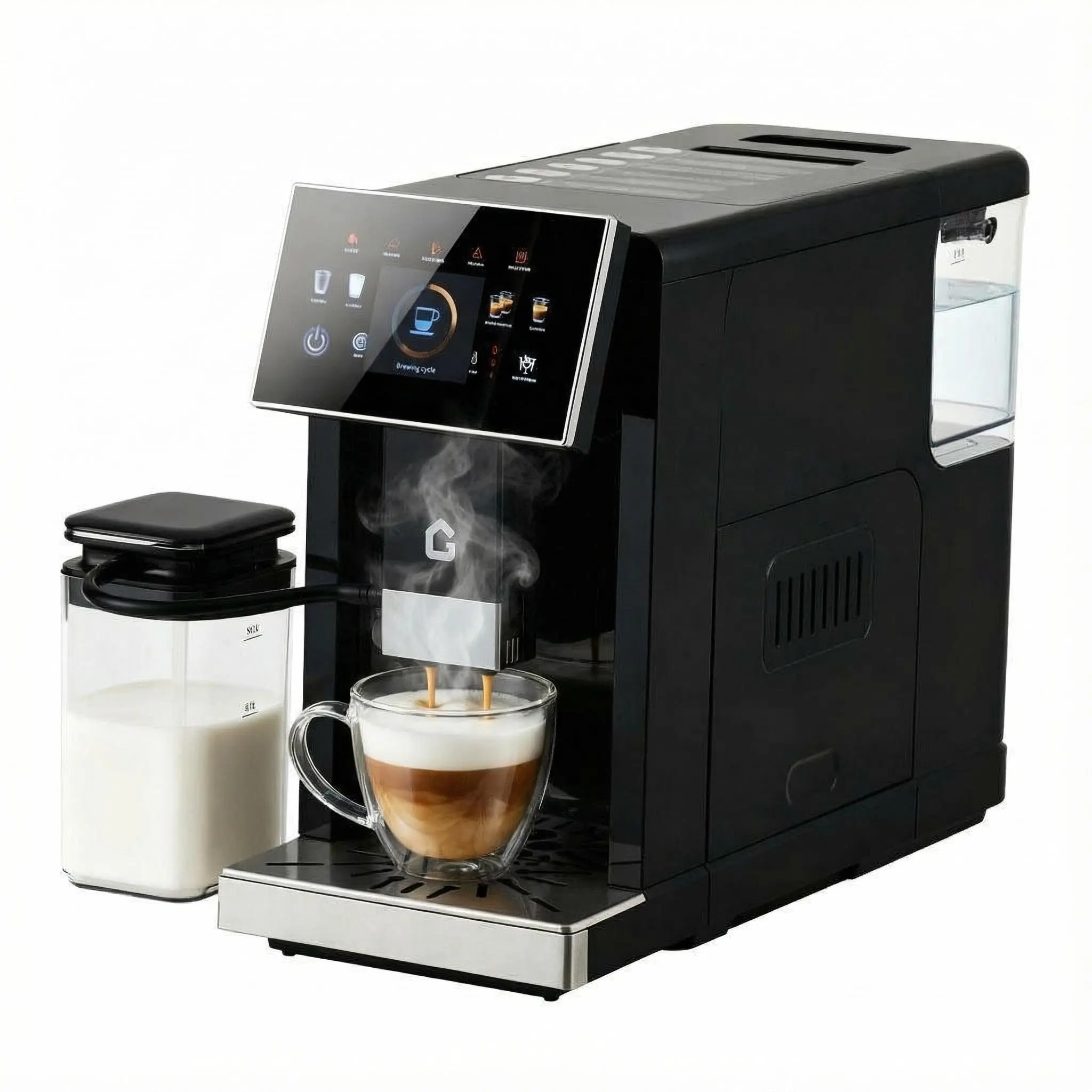 Garvee Super Automatic Espresso Machine with Built-in Grinder and Milk Frother, 19 One-Touch Drinks, 7” Touchscreen, Self-Cleaning, Removable Brewer, Adjustable Grinder, Detachable Milk Tank, Ideal for Home Baristas