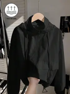 1pc Solid Color Front Zip-Up Long Sleeve Casual Hooded Sun Protective Lightweight Jacket In Fall/Winter