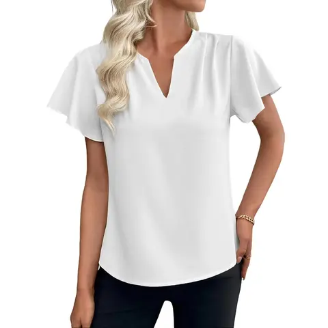 EVALESS Women's H-Type Chiffon Dressy V-Neck Ruffle Short Sleeve Drape Lightweight T-Shirt Blouse for Casual Work, 2026 Springtok Summer Womenswear Outfits