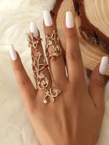 Elegant Vine Ring Set, Unique Leaf Chain Design, Vintage Court Style Back Hand Accessory, Fashionable Finger Jewelry, Statement Rings