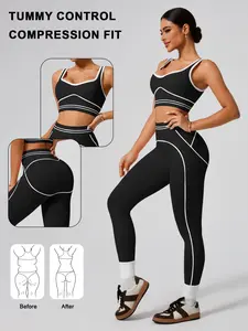 Qfen Sport Women's Colorblock Design Sports Bra and High Waist Tight Pants Set, Detachable Pads, Butt Lifter, Yoga Fitness Daily Wear, All Season Activewear