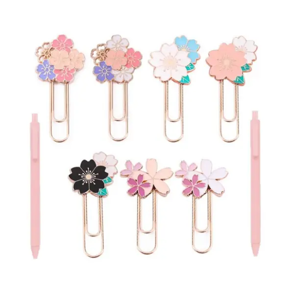 7 PCS Cherry Paper Clips Metal Paperclip Large Size Paper Clip with 2 PCS Cute Pens, Colorful Office Supplies Present for Teacher & Students, Bookmark Clamp Desk Accessories Stationery for School