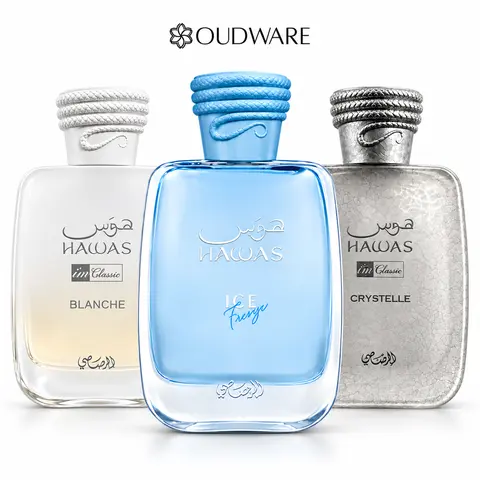 Rasasi Hawas Ice Freeze + Blanche + Crystelle – 3 × 100 mL (3.38 fl oz Each) – Triple Fragrance Bundle