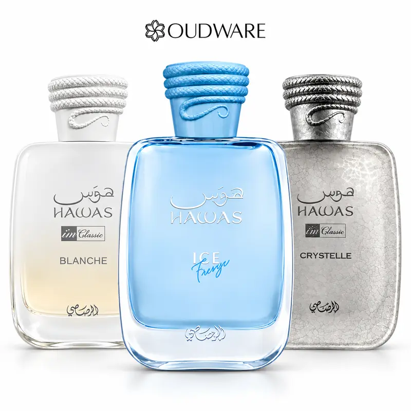 Rasasi Hawas Ice Freeze + Blanche + Crystelle – 3 × 100 mL (3.38 fl oz Each) – Triple Fragrance Bundle