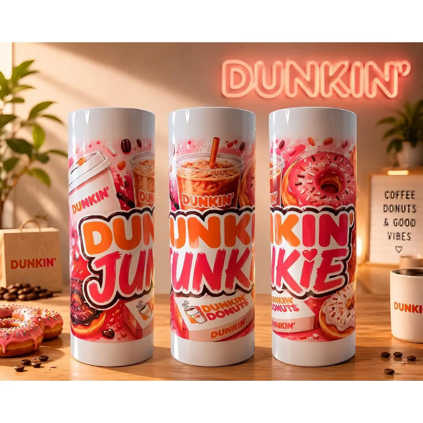 Dunkin' Donuts Dunkin' Junkie Coffee Donuts & Good Vibes Tumbler 20 oz with Donut and Coffee Designs