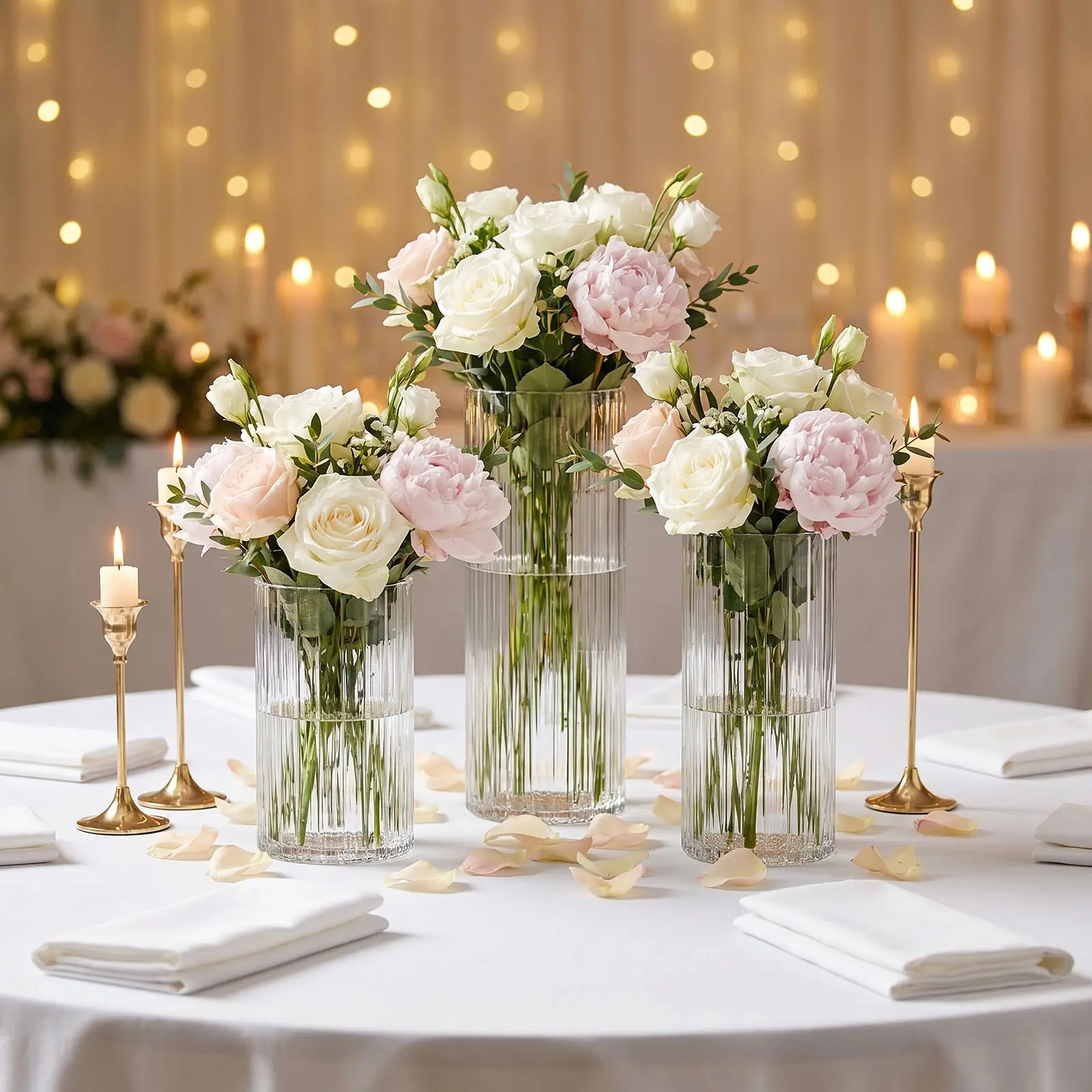 Set of 3 Clear Ribbed Glass Cylinder Vases, Fluted Column Floral Vases for Wedding Centerpieces - 6", 8", 12"