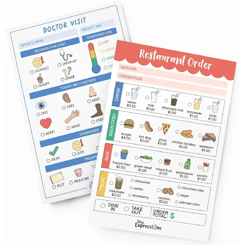 Pretend Play Notepads - 2-Pack Kids Play Pads - 40 Pages Order-Taking Restaurant & 40 Pages Doctor Visit Notepad - Waiter and Doctor Imaginative Role Play