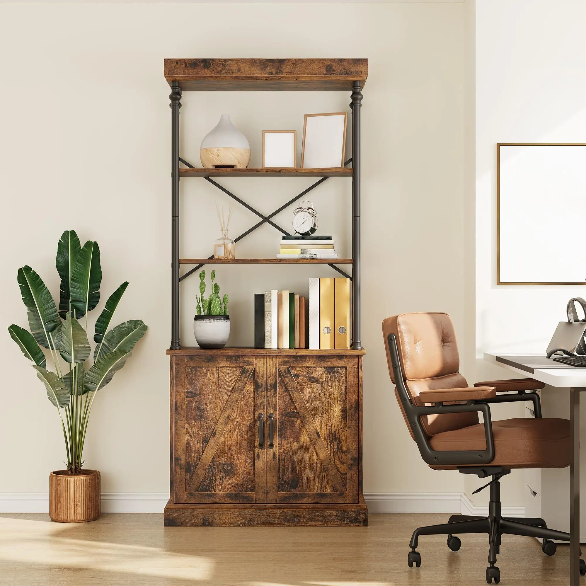 GARVEE Gold & White Modern Bookshelf, Metal Frame with Drawers – Tall Display Rack for Bedroom Living Room Home Office