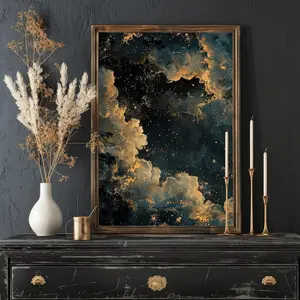 [UNFRAMED POSTER] Moody Celestial Wall Art Print, Dark Academia Decor, Abstract Night Sky Stars Print, Blue Gold Vintage Maximalist Oil Painting, Gothic Print