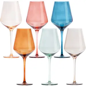 FyneDyne Boho Jewel-Toned Wine Glasses, Stained Cocktail Cups, Drinkware Bar Set for Rack, Set of 6 Stemmed Unique Drinking Glasses 16oz
