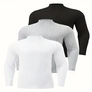 3pcs Men's High Elasticity Slim Fit Striped Knitted Sweater Ribbed Details Semi Neck Long Sleeved Pullover for Casual Wear in Spring Autumn Winter Fabric Knitwear Menswear