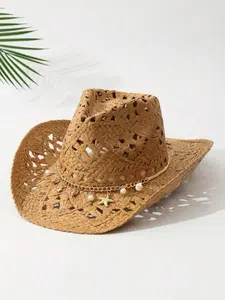 Women's Straw Pearl Shell Cowboy Hat, Foldable Beach Sun Protection Hat, Wide Brim Western Hat, Summer Fashion Accessory