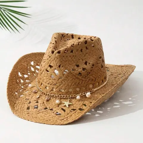 Women's Straw Pearl Shell Cowboy Hat, Foldable Beach Sun Protection Hat, Wide Brim Western Hat, Casual Headwear, Summer Fashion Accessory