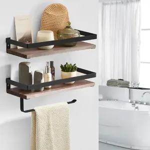BESy Floating Shelves Wall Mounted Storage Shelves with Towel Rack Rails Bar, Paper Towel Holder with Shelf for Kitchen, Bathroom Tissue Roll Hanger, Matte Black Metal Frame, Set of 2 Brown