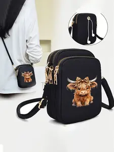 Highland Cow Print Crossbody Bag, Portable Zippered Phone Bag, Casual and Stylish Crossbody Bag, Women's Phone Bag, Perfect for Daily Use, Shopping, Travel, Going Back to School, Commuting, Or as a Gift for Family, Friends, Teachers or Students.