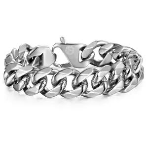 Hermah 15mm Silver Color Cuban Curb Link Bracelet 316L Stainless Steel Chain for Men Women Jewelry New