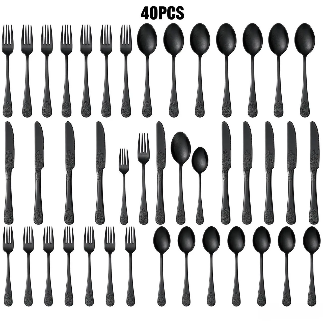 40-piece black engraved stainless steel tableware set, without gift box