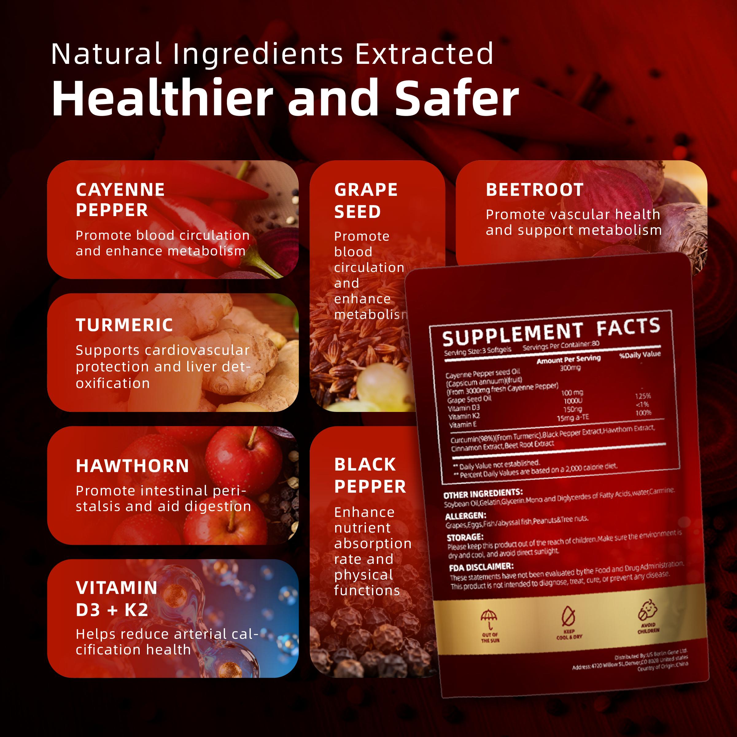 Regeskr Cayenne Pepper Softgel Capsules – Herbal Wellness Formula with Vitamins E, D3 & K2, Grape Seed, Hawthorn & Beetroot Extract (240 Softgels / 1 Pouch)