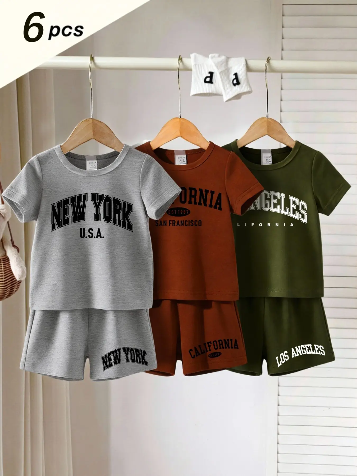 6-Piece Set Boys' Letter Print Short Sleeve T-Shirt Set, Vintage City Style, American Retro School Look,  Summer Casual Wear, Matching Set