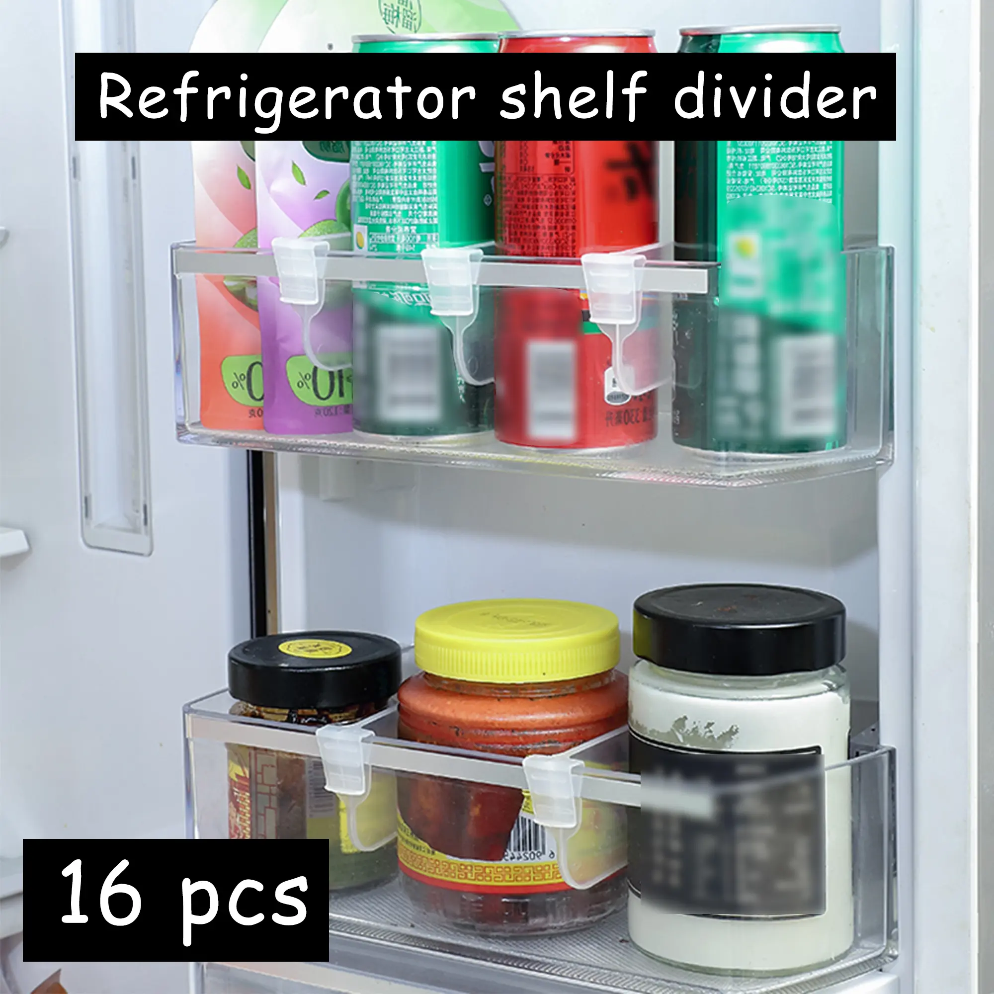 16 Counts Fridge Drawer Divider, Transparent Plastic Storage Organizer, Slide-Adjustable Partition Bins for Refrigerator