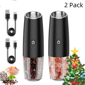Christmas Gift 2Pcs Electric Salt and Pepper Grinder Set, Automatic Gravity Salt and Pepper Grinder Set, Type-C Rechargeable Adjustable Coarseness