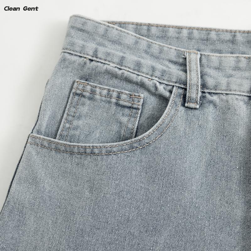 Clean Gent Men's Vintage Washed Loose Straight Jeans, Casual All-Season Trousers, Street Style, Zipper Fly, Solid Color Pattern, Everyday Denim Pants