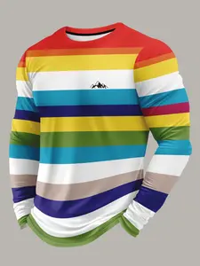 Men's Rainbow Stripe Mountain Print Outdoor Long Sleeve T-Shirt, Casual Loose-Fitting Top, All Seasons Wear, No Collar, No Button, No Zipper
