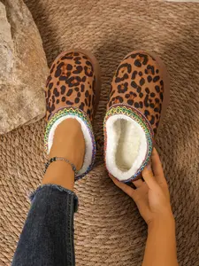 Women's Leopard Print Fashion Slip-On Warm Thick Sole Cotton Shoes, Comfortable Anti-Slip Fur Slippers for Outdoor Wear, Leopard Pattern Slippers