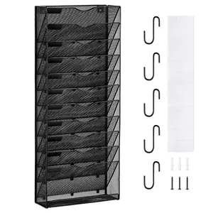 VEVOR File Wall Rack, One-Piece 12 Pockets Mesh Wall File Holder, Wall Mounted Magazine Mail Paper Document Storage Folder, Metal Wall File Organizer with Nametag Label, for Office Home School, Mesh Holder
