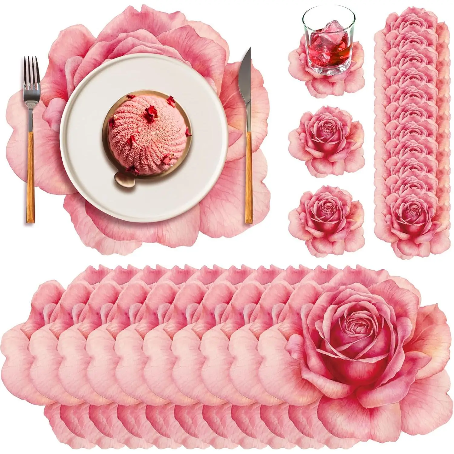 200-Pcs Blush Pink Disposable Tableware Set - Classic Romantic Rose-Themed Party Supplies, 4.33in Diameter Portable 13-in Casual Placemats & Coasters with Fine Craftsmanship for Tea Party, Wedding Table Decor