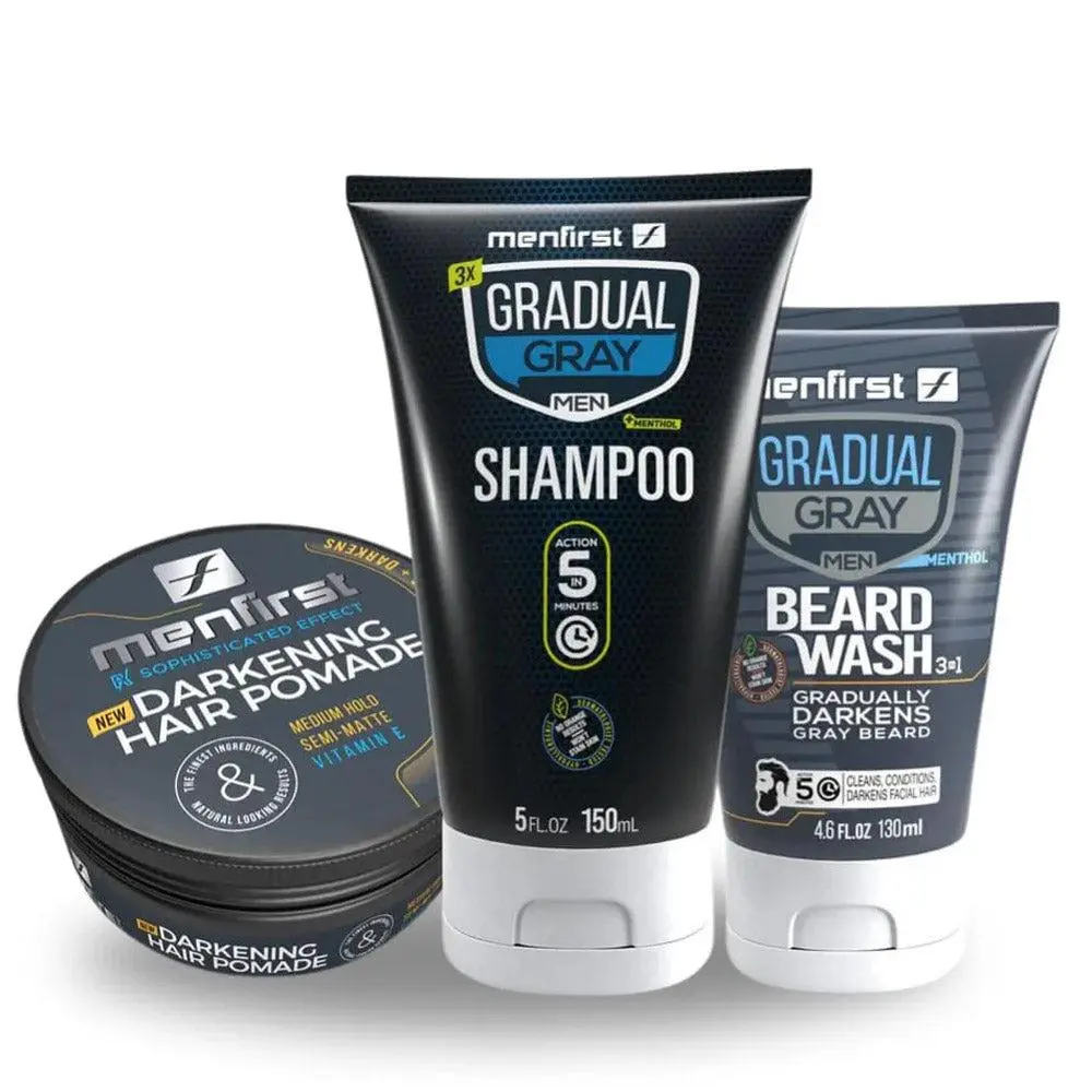 Menfirst Gradual Gray - Good Bye Gray Hair- 3-in-1 Shampoo + Beard Wash & Darkening Pomade - 3 Pack Bundle
