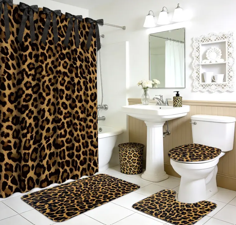 28 Pcs Leopard Shower Curtain Set with Non-Slip Bath Mat U-Shaped Rug Toilet Lid Cover Cheetah Print Shower Curtain with Hooks and Black Ribbons for Bathroom Accessories & Decor
