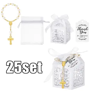 100PCS Baptism Rosary Sets Includes 25 Mini Baptism Rosary with Angel, 25 Favor Boxes, 25 Organza Bags and 25 Thank Tags for Wedding Shower Decor