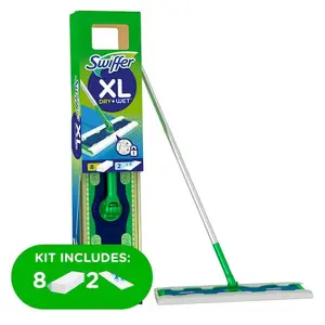 Swiffer Sweeper Dry and Wet XL Sweeping Starter Kit (1-Sweeper, 10-Refills; 8 Dry - 2 Wet), Large Area Cleaner, 2-in-1 Floor Cleaner, Extra Wide Swiffer, Sweeper and Mop Combo, Cleans Under Furniture, XL Starter Kit, No Bucket Needed, Swivel Head Cleaner