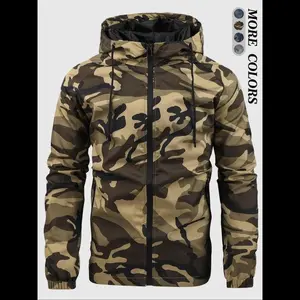 Men’s Camouflage Print Drawstring Zip-Up Hooded Jacket, Long-Sleeve Waterproof Windproof Outerwear for Outdoor Daily Wear, Fashionable Men’s Clothing
