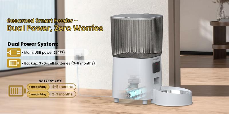 Geoorood Automatic Cat Feeder with Camera, 1080P HD Video, 2.4G WiFi Smart Pet Feeder with One-Way Audio, 4L Large Capacity, Dual Bowl Design for Cats and Small/Medium Dogs