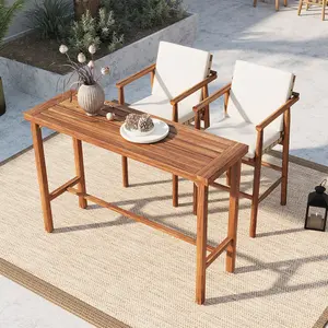 3 Piece Outdoor Bar Set, bistro Patio Acacia Wood Bar Height Table & 2 Stools with Cushions, Wood Dining Bar Set for Backyard, Poolside, Balcony, Beige Cushions