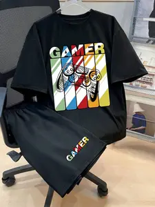 Teen Boys Two-Piece Set Game Theme T-Shirt and Shorts, Summer Casual Fashion, Geometric Pattern, Fitted Style, Clothes Kids