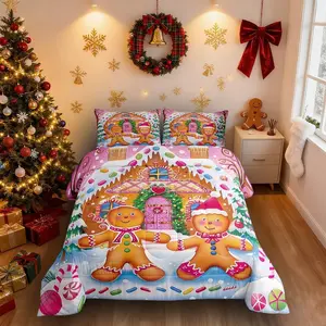 Feelyou Digital Print Breathable Multi-Size Pink Christmas Comforter Set - Festive Look Xmas Gingerbread Man, Candy Cane House Winter Bedding, Happy New Year Quilt Set