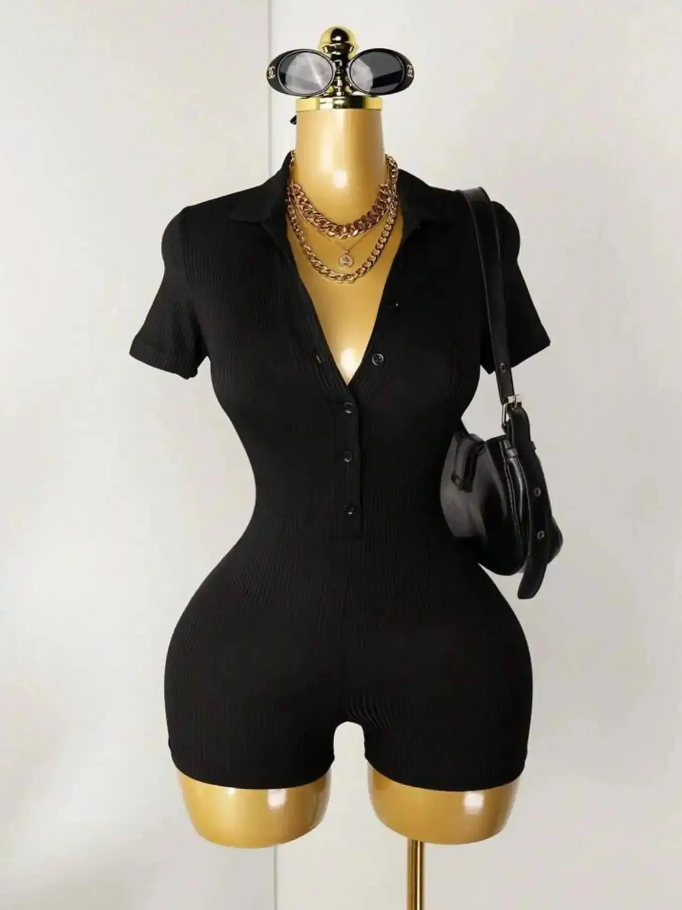 Plus-Si 1 Piece Black Ribbed Polo Collar Button Front Bodycon Romper Womenswear Y2K Streetwear Style Stretchy Slim-Fit Fabric and Short Sleeve Detail For Curvy Women Perfect Night Out Clubbing Women's Plus-Size Rompers